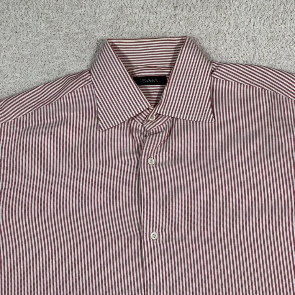 Isaia Red and White Striped Dress Shirt